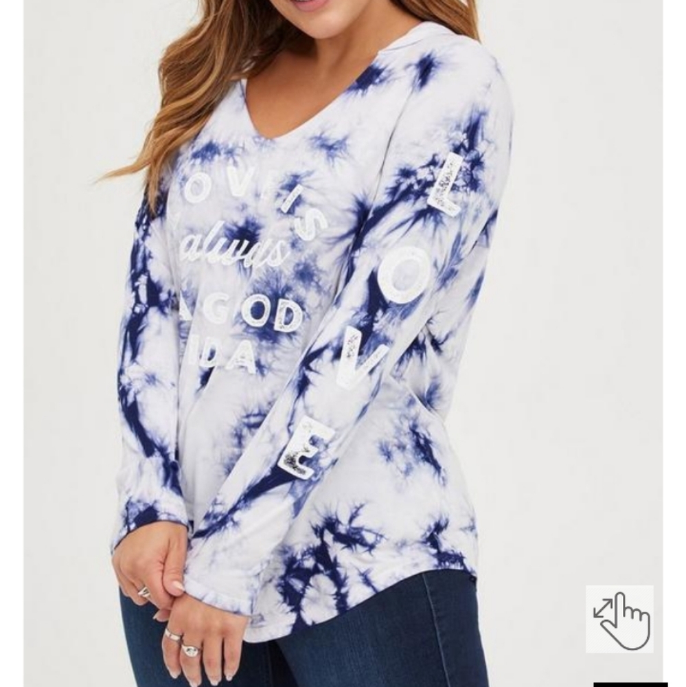 TORRID Blue & White Tie Dye V- Neck Hoodie for women. Size 1X - Picture 1 of 13